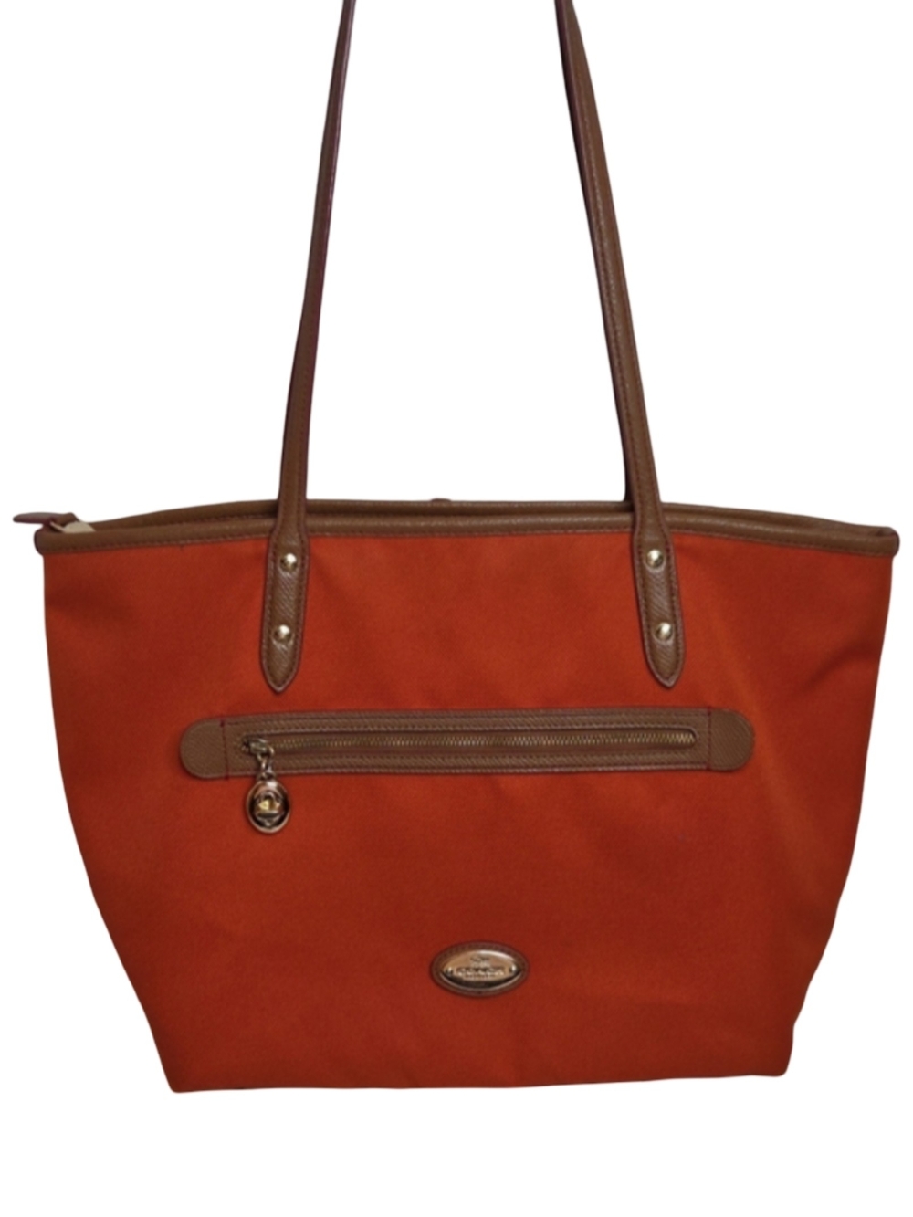 Coach Sawyer Orange Twill Tote Brown Leather Trim Satchel Shoulder Bag Purse